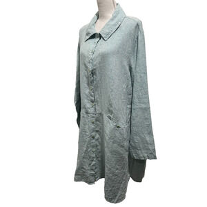 FLAX Linen Shirt Dress Button Front Oversize Front Pockets Sz L Lt Blue Chambray